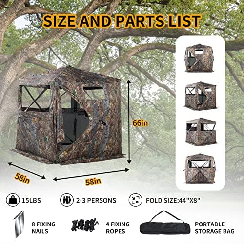 FUNHORUN Hunting Blind 270/360 Degree See Through Ground Blind with Carrying Bag, 2/3/4 Person Pop Up Camouflage Tent Portable Concealed Shelter
