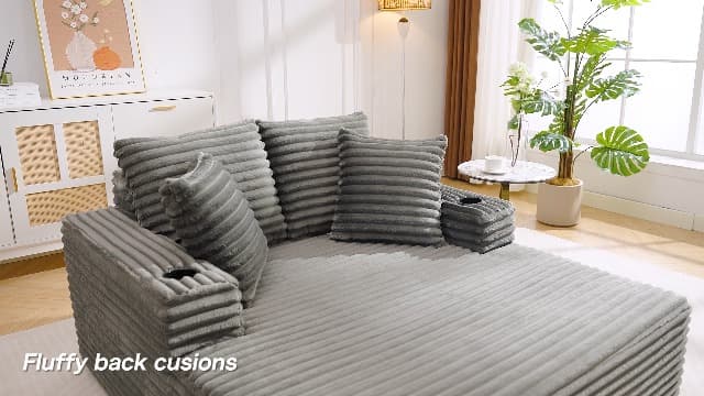IDEALHOUSE 64" Oversized Chaise Lounge Chair Indoor, Upholstered Boneless Sofa Bed with Throw Pillows, Cup Holders and Armrests, Comfy Corduroy Sleeper Couch for Living Room, Bedroom, Office (Beige)