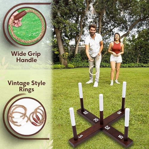CircleCraft Rustic Ring Toss Game for Kids & Adults – Outdoor Yard Games with Rope Rings, Portable Wooden Lawn Game for Family Fun, Backyard, Beach, Camping & Picnic Activities for Christmas & Easter