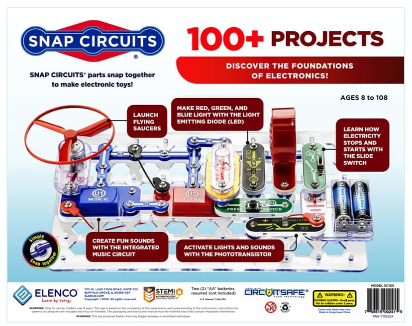 Build 100+ STEM projects with 28 snap-together parts and a full-color project manual SNAP CIRCUITS Jr. SC-100 STEM Electronics Kit, 100+ Projects, Ages 8+ B00008BFZH