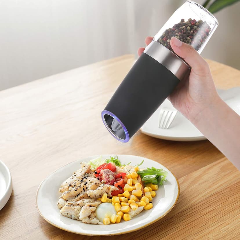 XinXu Gravity Electric Pepper and Salt Grinder Set, Adjustable Coarseness, Battery Powered with LED Light, One Hand Automatic Operation, 2 Pack/Black