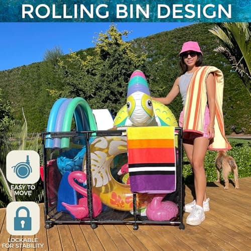 Pool Float Storage Organizer for Pool Noodles Floats Inflatables Towels - Ultimate Outdoor Pool Toy Storage Bin - XXL Black HDuty Metal - Pool Float Holder - Pool Storage Bin For Easy Poolside Cleanup