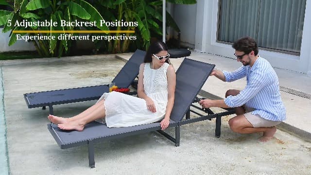 Ciokea Aluminum Chaise Lounge Chair Outdoor with Wheels, Patio Lounge Chair with Adjustable 5-Position Recliner and Full Flat Tanning Chair for Patio, Beach, Pool, Grey