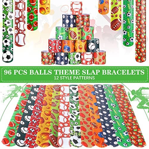 Deekin 48 Pcs Sports Party Favors Slap Bracelets Football Baseball Soccer Snap Bracelet Bands Slap Bands Colorful Decorations for Kids Birthday Party Supplies, 8.8 x 1.2 Inch