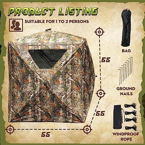Lenotos Hunting Blind, 2 Person Pop Up Blinds 360 Degree See Through, Portable Durable Hunting Ground Blinds for Deer & Turkey Hunting