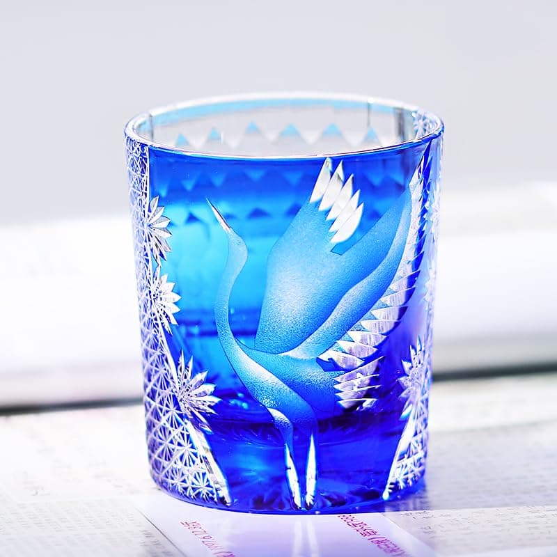 JNZHI Edo Kiriko Sunkazuru Whiskey Glass – Hand-Cut Pine and Crane Design Crystal Rock Glass for Scotch, Bourbon, Cocktails – Japanese Traditional Art Crafted Barware, Gift for Holidays (blue)