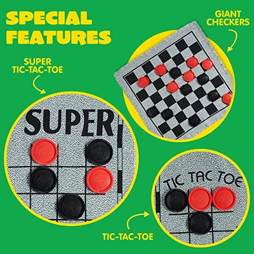 3-in-1 Vintage Giant Checkers, Tic, Tac, Toe, with Reversible Mat, 24 Chips, Family Board Game, Lawn Game, BBQ Party Favor, Indoor and Outdoor Activity for Kids and Adults