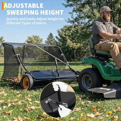 44 Inch Tow Behind Lawn Sweeper, 26 cu. ft. Large Pull Behind Grass Sweeper Heavy Duty Leaf & Grass Collector with Dumping Rope Design, Adjustable Sweeping Height for Yard and Grass Cleanup Tool
