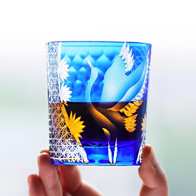 JNZHI Edo Kiriko Sunkazuru Whiskey Glass – Hand-Cut Pine and Crane Design Crystal Rock Glass for Scotch, Bourbon, Cocktails – Japanese Traditional Art Crafted Barware, Gift for Holidays (blue)
