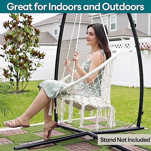 JoyView Macrame Hammock Chair Hanging Swing Chair Max 330 Lbs with 2 Cushions and Hardware Kits for Indoor Outdoor Bedroom Patio Garden - Beige