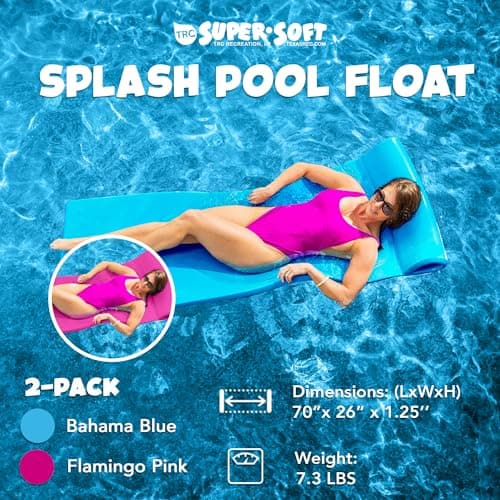 TRC Recreation Splash 1.25 Inch Thick Foam Swimming Pool Float Mat Large Adult Lounger with Built-in Roll Pillow, 1 Bahama Blue & 1 Flamingo Pink