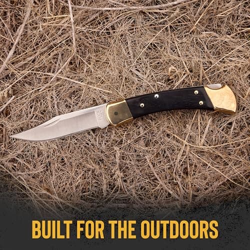 Buck Knives 110 Folding Hunter Knife, 3-3/4" Blade, Lockback Design, Ebony Handle, Brass Bolsters, 420HC Stainless Steel Clip Point Blade, Sheath Included, Hunting Knife Made in the USA, 7.2 oz
