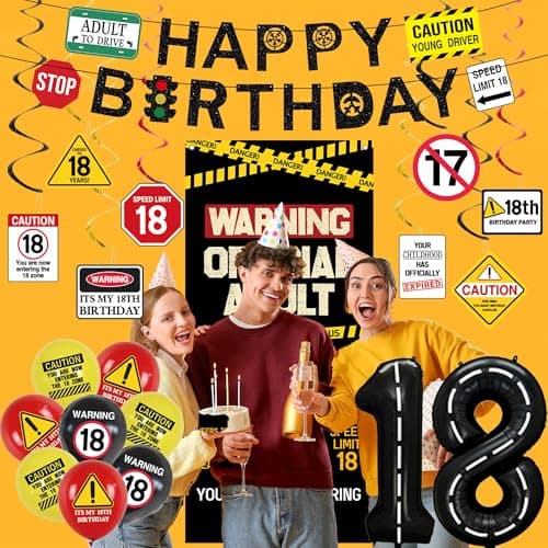 Roetyce 18th Birthday Decorations for Boys Girls, Caution Logos Happy 18th Birthday Banner Backdrop Balloons Hanging Swirls Kit, 18 Years Old Party Yard Door Wall Cover Background