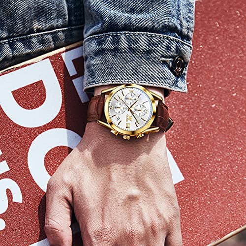 OLEVS Men's Casual Leather Watch, Big Face Chronograph Watch for Men, Fashion Easy to Read Dress Watch, Men's Waterproof Luminous Date Analog Watch, Gold/Black/White/Blue Dial