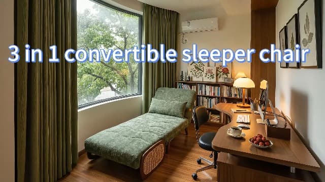 3-in-1 Convertible Sleeper Chair Bed for Adults, Chenille Fabric Armchair with 5-Level Adjustable Backrest, Folding Single Sofa Couch Futon Guest Bed with Pillow for Small Spaces, Office, Green 35.43"