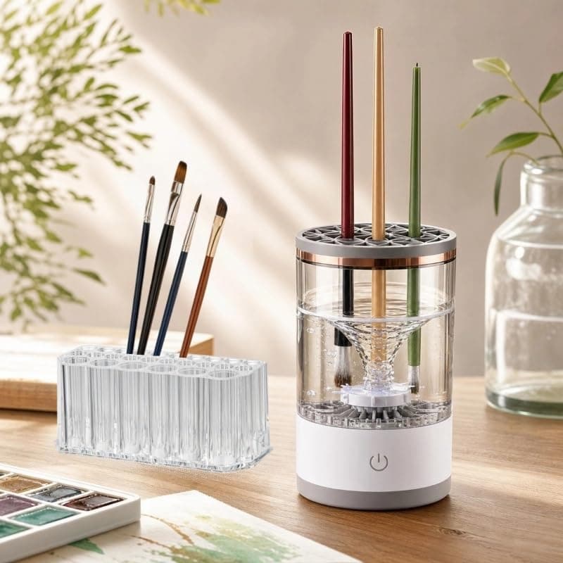 Electric Paint Brush Cleaner & Rinse Cup with Holder – Rechargeable Brush Washer Rinser for Acrylic, Watercolor & Oil Painting, Makeup Brush Cleaner (White, 1 Pack) B0DSWKCN4N