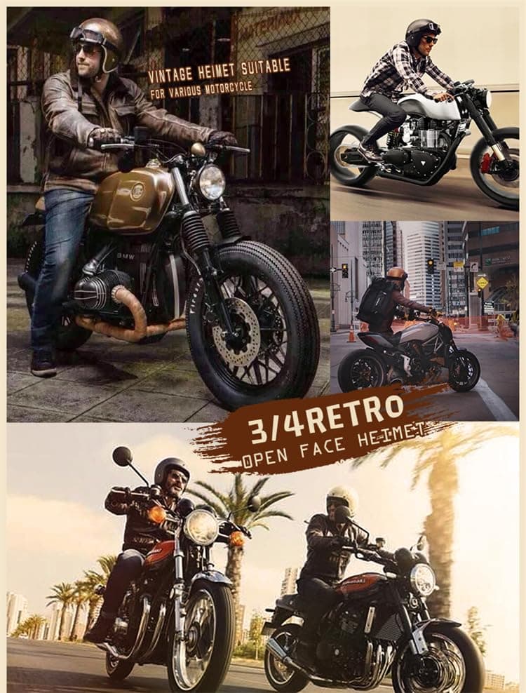 GJH 3/4 Open Face Motorcycle Helmets Collection - Vintage and Modern Designs DOT Approved for Men and Women Ideal for Bobber Scooter ATV Cruiser(M/L/XL)