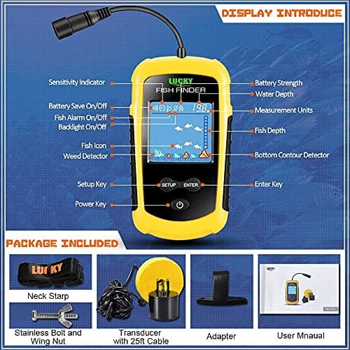LUCKY Kayak Portable Fish Depth Finder Water Handheld Fish Finder Sonar Castable Kayak Boat Fishfinder Transducer Fishing LCD Display FFC1108