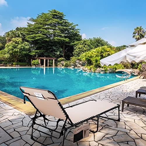 VILLEY Oversized Chaise Lounge Chair, Heavy-Duty Folding Outdoor Lounge Chair with 5 Adjustable Positions, Portable Trifold Beach Lounger for Patio, Beach, Lawn, Backyard, Camping – Beige