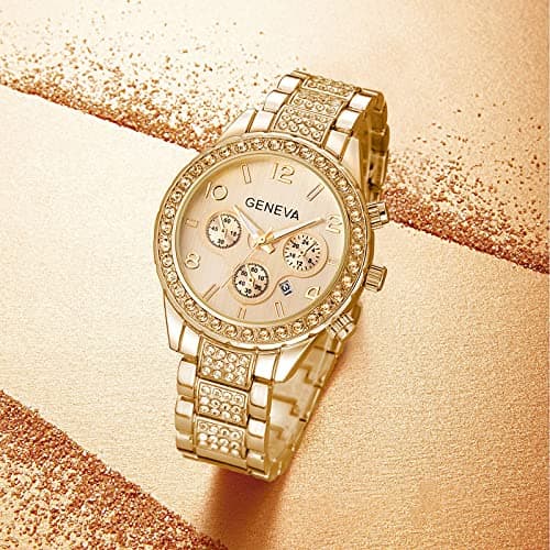Gosasa Luxury Unisex Crystal Diamond Watches Quartz Digital Calendar Rose Gold Silver Stainless Steel Watch