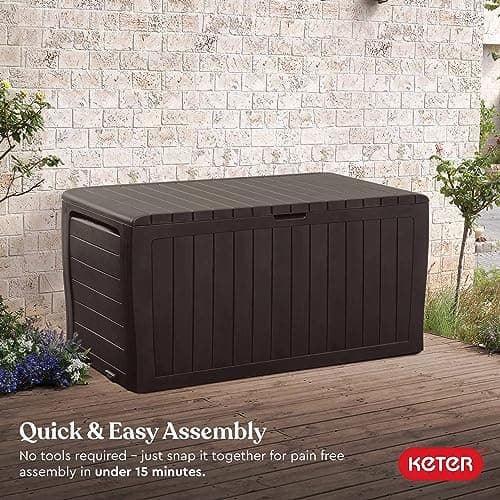 Keter Marvel Plus 71 Gallon Resin Outdoor Storage Box for Patio Furniture Cushions, Throw Pillows, Garden Tools and Pool Floats, Brown