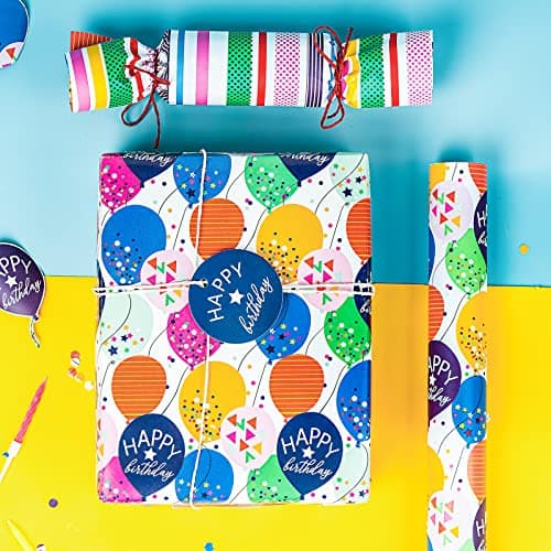 WRAPAHOLIC Reversible Birthday Wrapping Paper - Mini Roll - 17 Inch X 33 Feet - Colorful Balloon with Confetti Design for Birthday, Holiday, Party, Baby Shower B0BJ6V38SZ