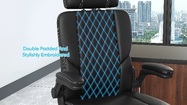 Sytas Executive Leather Office Chair, Comfy Desk Chair with Adjustable Headrest & Flip-up Padded Arms & Lumbar Support, Adjustable Hight and Tilt, Rolling Swivel Chair, Black