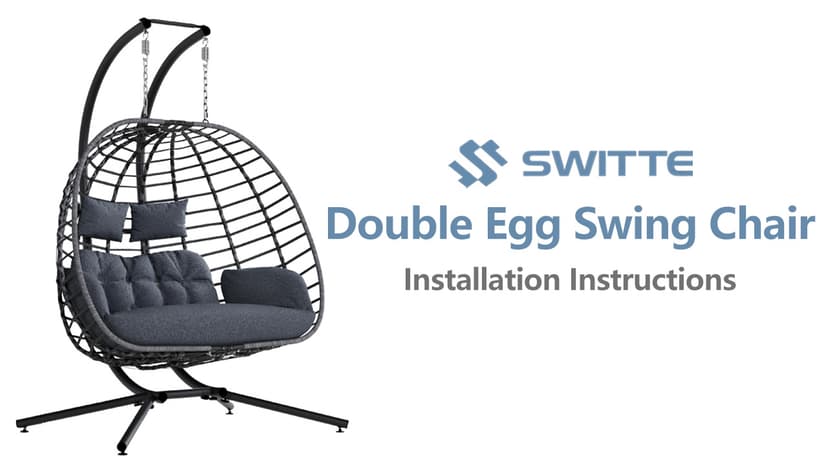 SWITTE Double Egg Swing Chair with Stand, Outdoor Patio 2 Person Hanging Wicker Hammock Chairs with Cushion for Indoor Bedroom, Lawn, Garden-Dark Grey