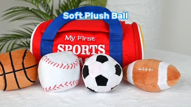 KMUYSL Baby Toys 0-12 Months, My First Sports Bag Plush Toy - 4 Sensory Balls Soft Toys with Crinkle, Rattles for 0-3-6-9-12 Month Newborn Infant, 1st Birthday for Babies Boys Girls Age 1