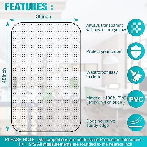 Office Chair Mat for Carpets, 48"x 36" Heavy Duty Clear Plastic Floor Protector, Non-Slip Computer Desk Chair Mat for Low Pile Carpeted Floors, Smooth Rolling Carpet Chair Mat for Home Office