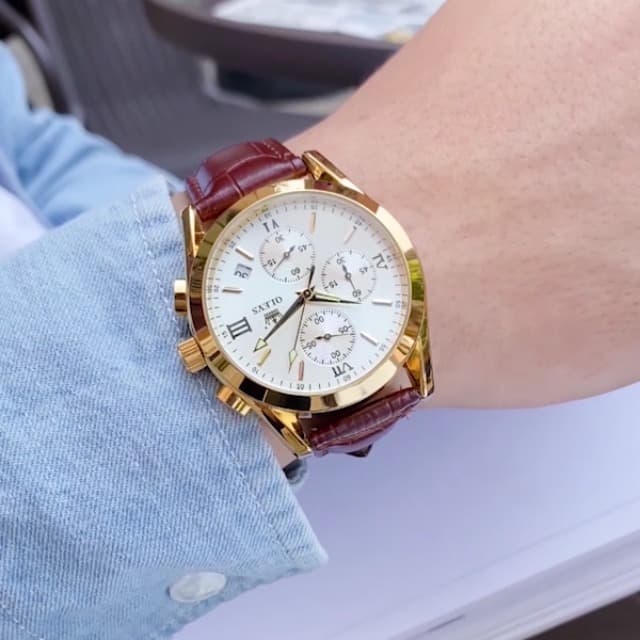 OLEVS Men's Casual Leather Watch, Big Face Chronograph Watch for Men, Fashion Easy to Read Dress Watch, Men's Waterproof Luminous Date Analog Watch, Gold/Black/White/Blue Dial