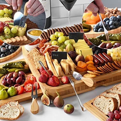 Complete Serving Set with Utensils & Trays, Entertaining, House Warming, Wedding, Bridal Shower & Birthday Gift for Women Bamboo Charcuterie Board Set, Large Cheese Board 3-Drawer with Accessories B0BKLRWSZW