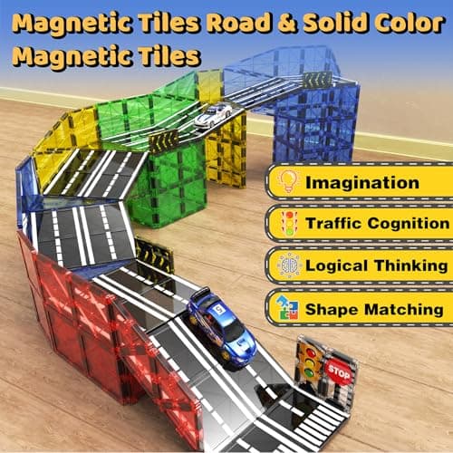 Magnetic Tiles - Road Set, Magnetic Building Blocks, Preschool Montessori Toys Gift for 3+ Year Old Boys and Girls, Sensory Christmas Toys for Kids Aged 3-5 and 4-8, Ideas for Toddler with Autism