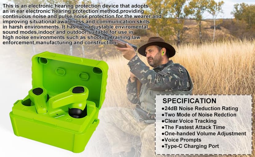 Electronic Shooting Ear Protection Earplug Active Noise Cancelling Earbuds for Shooting & Hunting, NRR 24dB, in Ear Hearing Protection for Gun Range (Green)