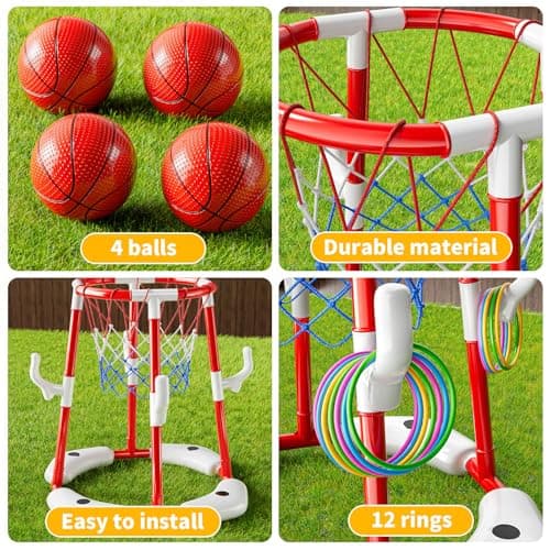 Pool Basketball Hoop, 2-in-1 Floating Pool Toys Ring Game with 4 Balls and Pump, Outdoor Swimming Pool Basketball Games Water Play Toy Family Party for Kids Adults Age 3-12 (Red)