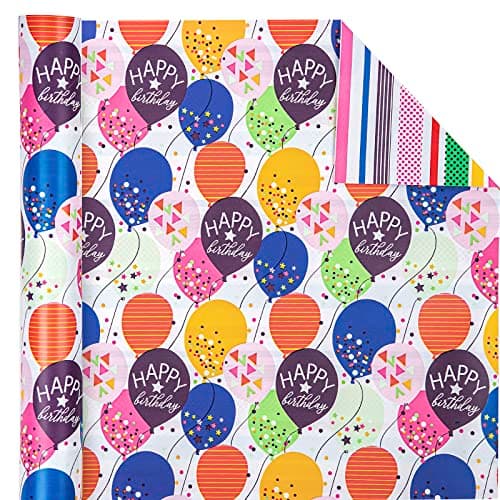 WRAPAHOLIC Reversible Birthday Wrapping Paper - Mini Roll - 17 Inch X 33 Feet - Colorful Balloon with Confetti Design for Birthday, Holiday, Party, Baby Shower B0BJ6V38SZ