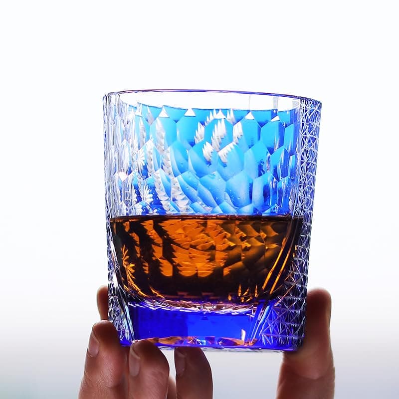 JNZHI Edo Kiriko Sunkazuru Whiskey Glass – Hand-Cut Pine and Crane Design Crystal Rock Glass for Scotch, Bourbon, Cocktails – Japanese Traditional Art Crafted Barware, Gift for Holidays (blue)