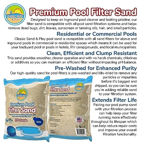 CLASSIC SAND & PLAY Swimming Pool Filter Sand for Above & Inground Pools, 20 lbs, Supports Residential and Commercial Filtration Systems, Premium Efficient Silica, No Clogging or Clumping, #20 Grade