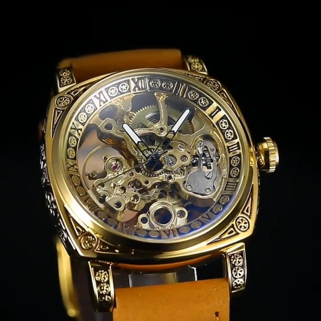 FORSINING Watches for Man, Square Retro Mechanical Watch Self-Wind Carved, Skeleton Automatic Watches Vintage Leather Strap Wristwatch
