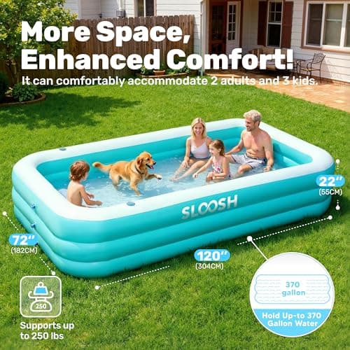 SLOOSH Inflatable Pool for Adults with Seats, 120" x 72" x 22" Full-Sized Blow Up Durable Thickened Above Ground Family Pool, Large Swimming Pools for Backyard Garden Lawn Summer Water Party, Cyan