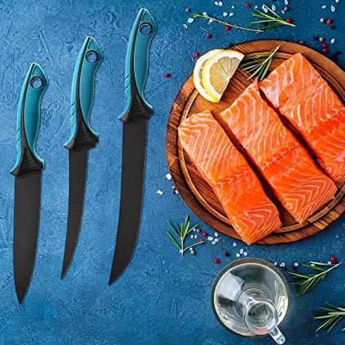KNINE OUTDOORS Fish Fillet Knife Set Curved Flex 7 inch 9 inch Filet Knife for Filleting and Boning, Non-Slip Handles, Includes Fishing Braid Line Scissors, Fish Dressing Scissors, Filleting Pad