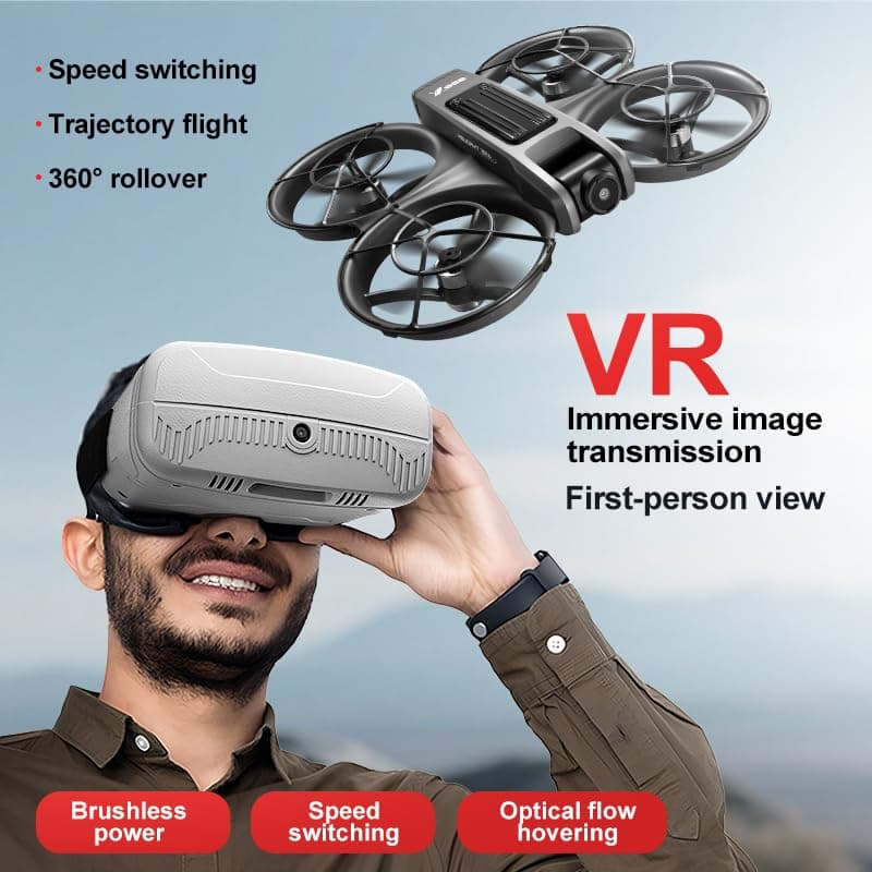 VR FPV Drone, Experience First-Person View Flight, Comes With a VR Goggle Kit and Remote Controller. The Drone Features a Full Propeller Protection Guard and Collision-Resistant Structure, Making It Easy to Operate and Perfect for Beginners. Equipped With an Optical Flow Positioning System and Brushless Motors for Smoother and More Precise Flight. FPV Quadcopter for Entertainment or as a High-Performance Remote Control Helicopter.