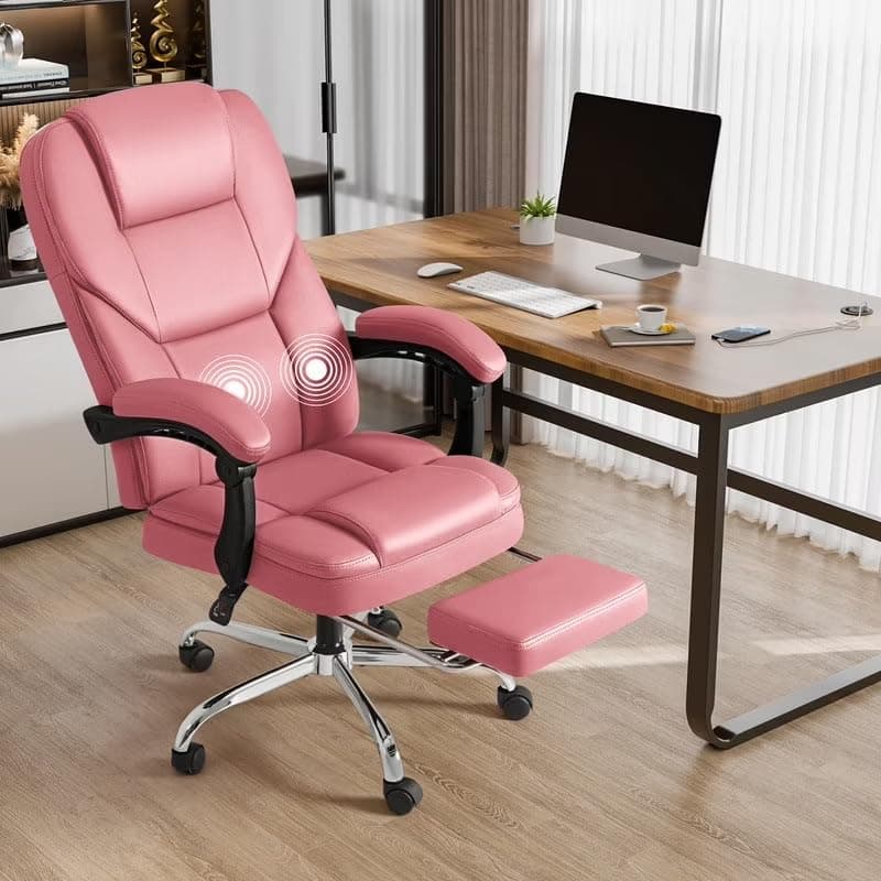 Shahoo Executive Office Chair with Massage, Ergonomic Reclining High Back Leather Seats with Footrest and Lumbar Support, Big and Tall, 400Lbs Heavy Duty, Pink
