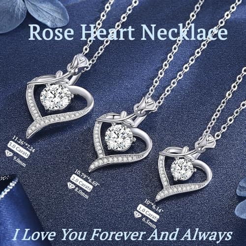 Rose Heart Pendant Necklace for Wife Moissanite Lab-Created Gem Jewelry for Women I Love You Wedding Anniversary Birthday Christmas Valentines Engagements Mothers Day for Her Girlfriend Mom Daughter