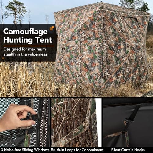 Tangkula Extra Tall 3-4 Person Hunting Blind, 270 Degree See Through Ground Blind with Silent Slide Windows, Zippered Door, Carry Bag, Pop Up Deer Blind for Turkey Hunting, Camouflage