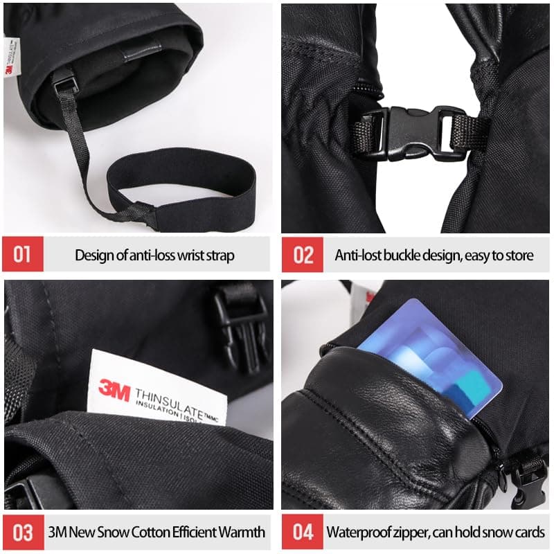 Harssidanzar Winter Leather Ski Mittens for Men Women Goatskin Outdoor Thermal Waterproof Insulation Gloves KM066US