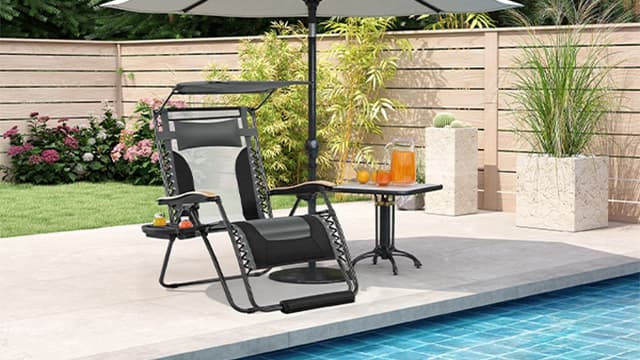 Yaheetech 29in Zero Gravity Chair, Adjustable Patio Padded Anti Gravity Recliner Foldable Outdoor Lounger with Cup Holder Tray, Canopy Shade and Headrest for Beach Camping Gray/Black/1