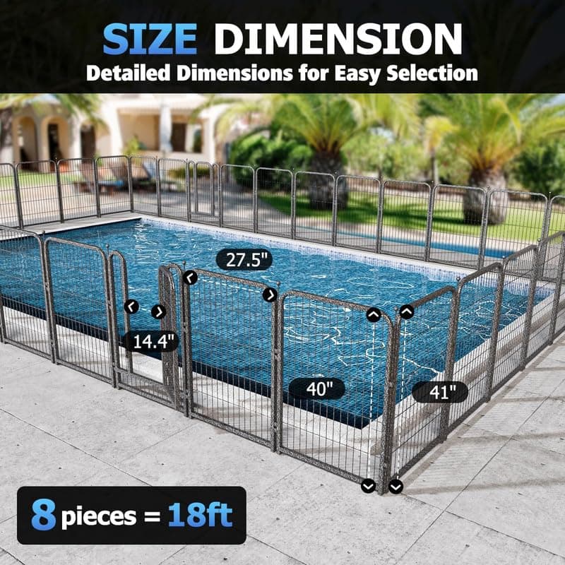 Metal Swimming Pool Fence 36.75ft (L) × 40in (H) with 16 Panels, in Ground Pool Safety Fence, Protective Barrier with Reinforced Stakes, Compatible with Patios & Gardens, Black-Silver