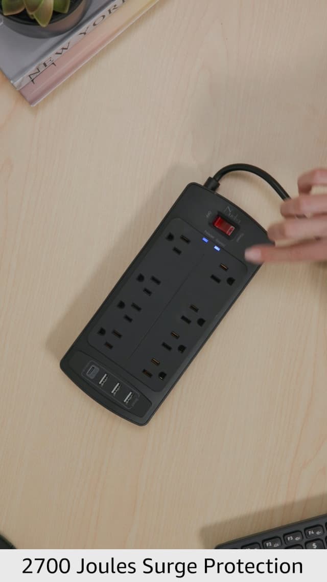 Surge Protector Power Strip - Nuetsa Flat Plug Extension Cord with 8 Outlets and 4 USB Ports, 6 Feet Power Cord (1625W/13A), 2700 Joules, ETL Listed, Black