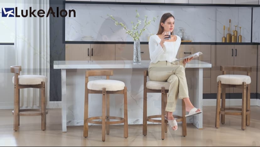 LukeAlon Mid Century Linen Counter Stools Set of 3, Upholstered 26.5" Seat Height Low Barstools with Natural Wood Legs Round Low Back Kitchen Stools with Footrest for Dining Room, Beige